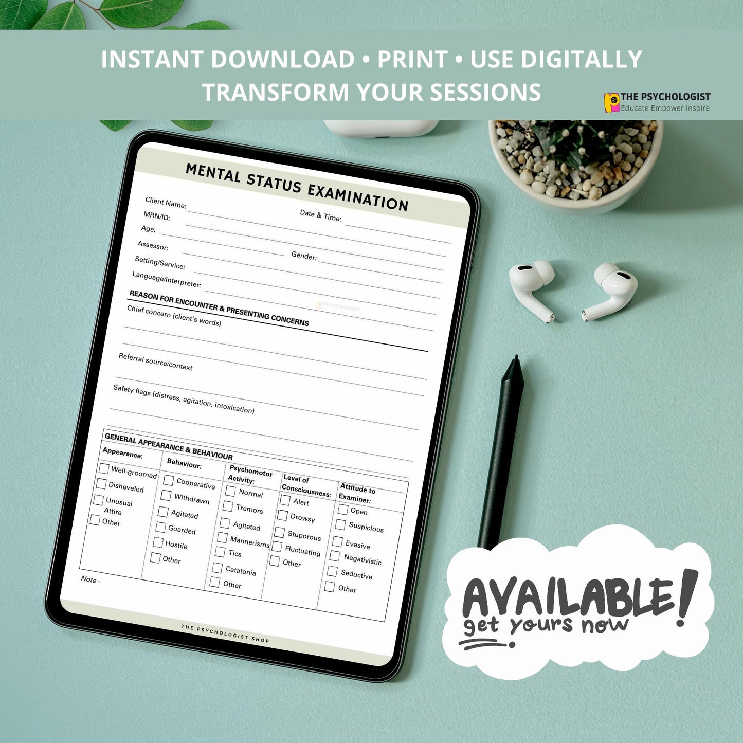 Mental Status Examination Form | DSM-5 & ICD-11 Aligned | Printable Clinical Psychology Resource for Counselors, Psychologists, Social Workers