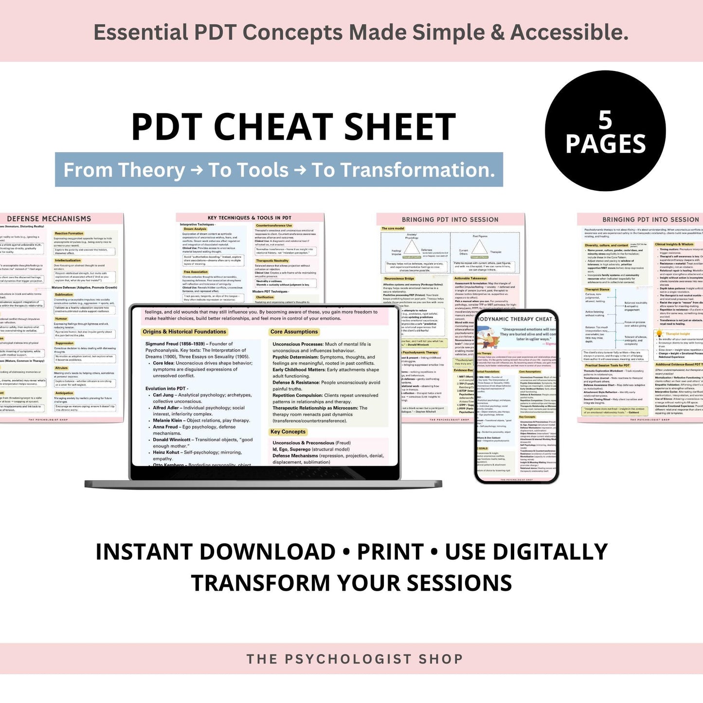 Psychodynamic Therapy Cheat Sheet | PDT Cheat Sheet | Psychodynamic Theory and Analysis Resource | Therapy Tools | ThePsychologistShop |
