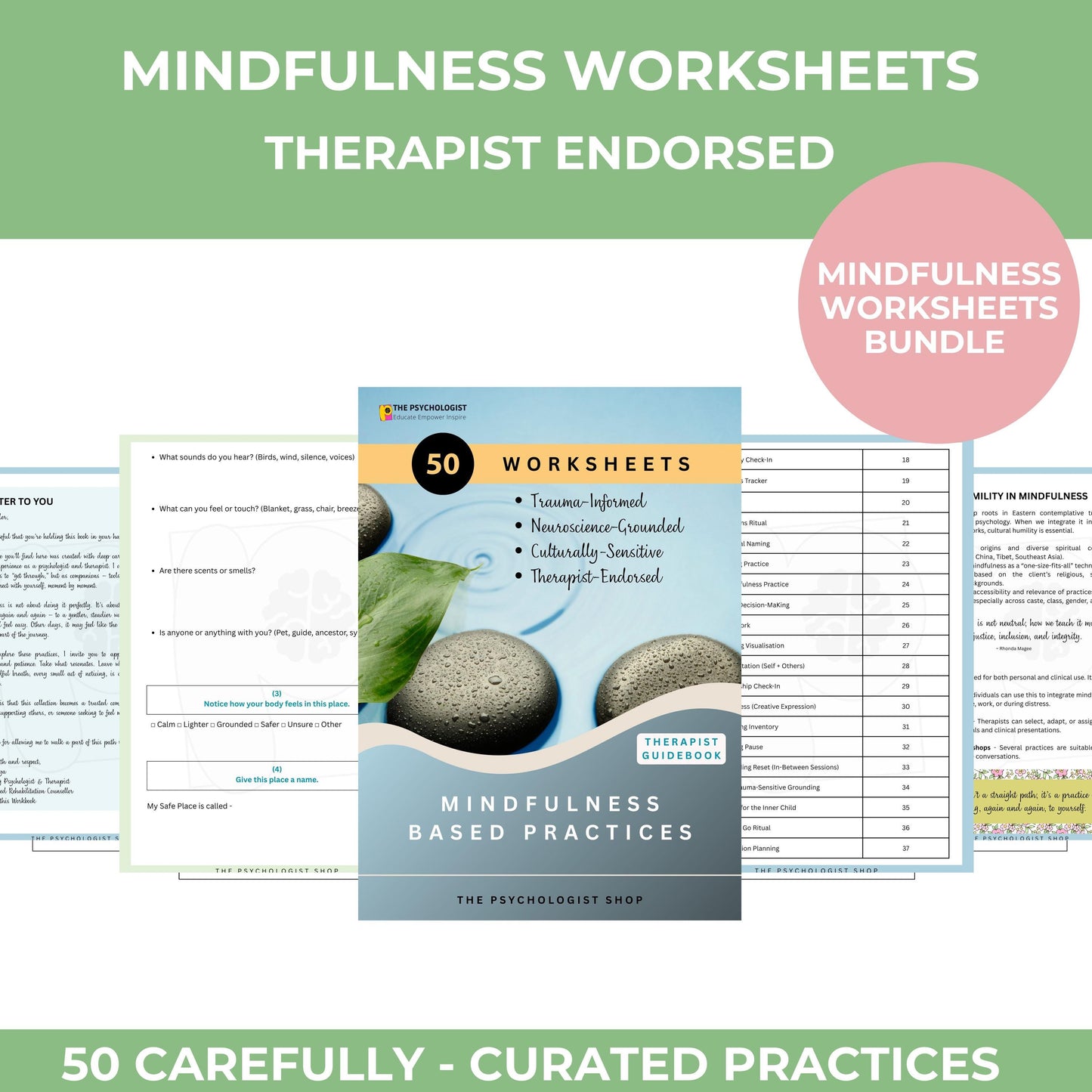 Mindfulness Worksheets Bundle | 50 Evidence-Based Practices + Therapist Guide | 180-Page Digital Workbook for Calm & Clarity