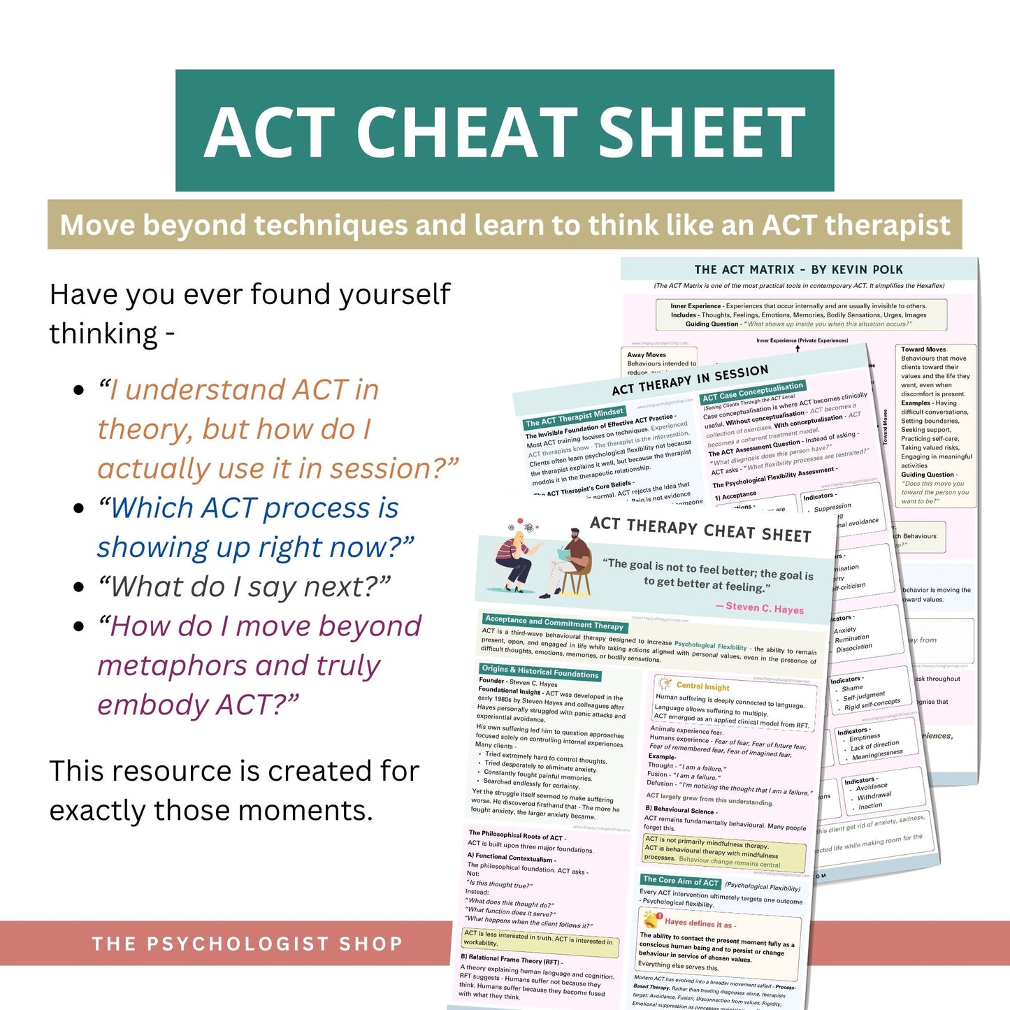 Acceptance and Commitment Therapy (ACT) Cheat Sheet | Comprehensive ACT Guide for Therapists, Counselors, Psychologists & Students
