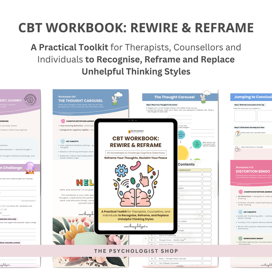 CBT WORKBOOK - REWIRE AND REFRAME : 20 Therapist-Designed Worksheets to Calm Anxiety, Challenge Distortions & Build Resilience