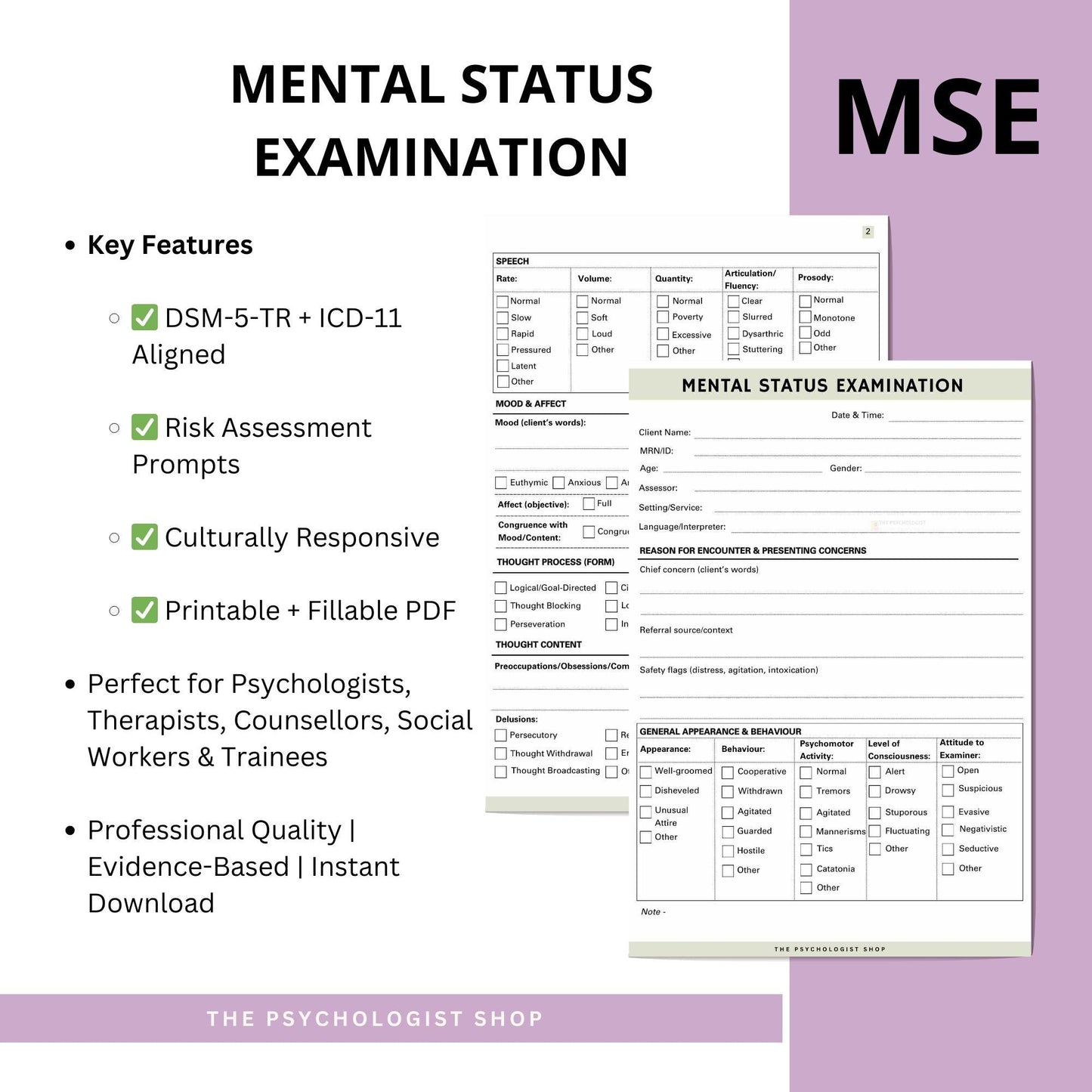 Mental Status Examination Form | DSM-5 & ICD-11 Aligned | Printable Clinical Psychology Resource for Counselors, Psychologists, Social Workers