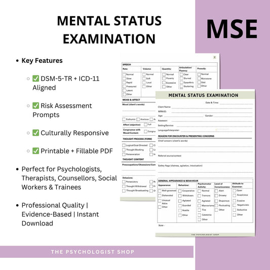 Mental Status Examination Form | DSM-5 & ICD-11 Aligned | Printable Clinical Psychology Resource for Counselors, Psychologists, Social Workers