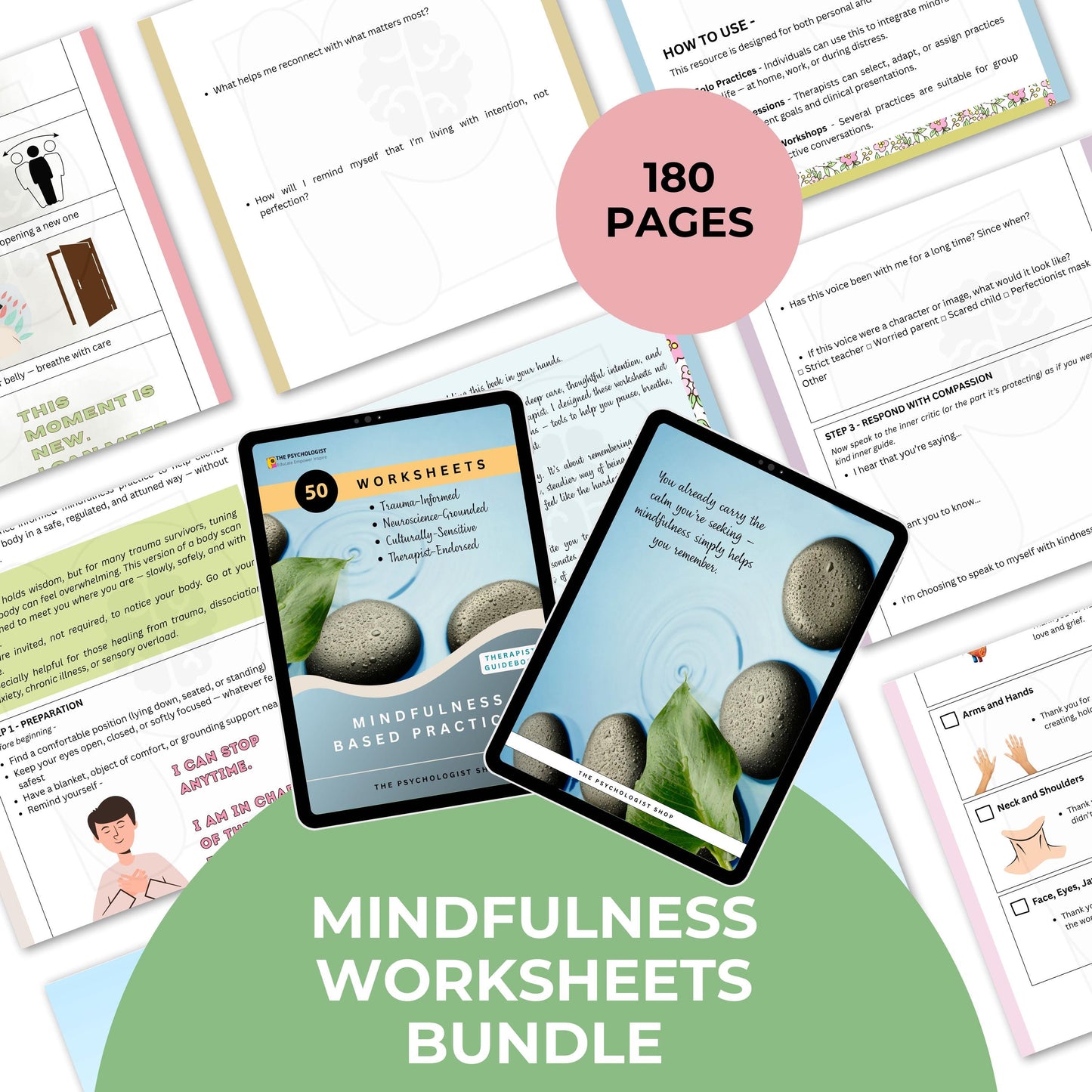 Mindfulness Worksheets Bundle | 50 Evidence-Based Practices + Therapist Guide | 180-Page Digital Workbook for Calm & Clarity