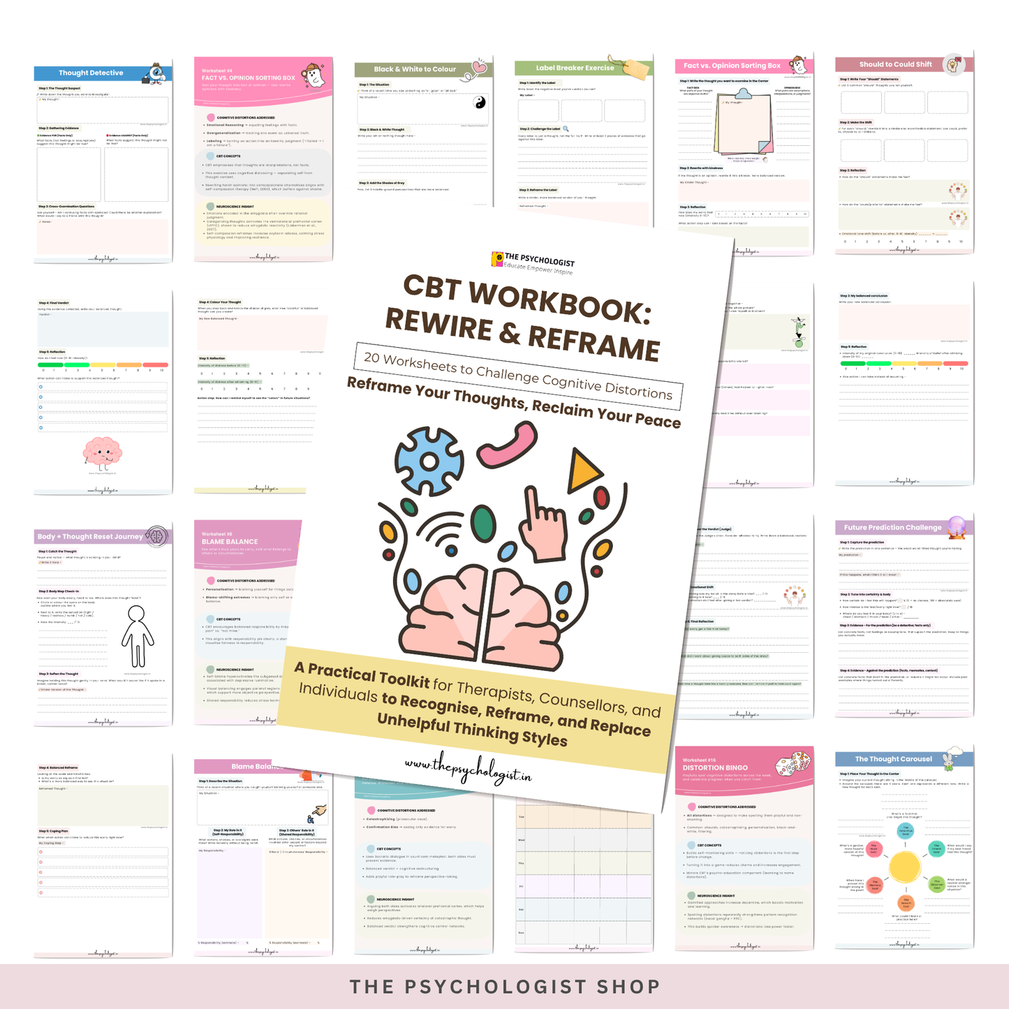 CBT WORKBOOK - REWIRE AND REFRAME : 20 Therapist-Designed Worksheets to Calm Anxiety, Challenge Distortions & Build Resilience