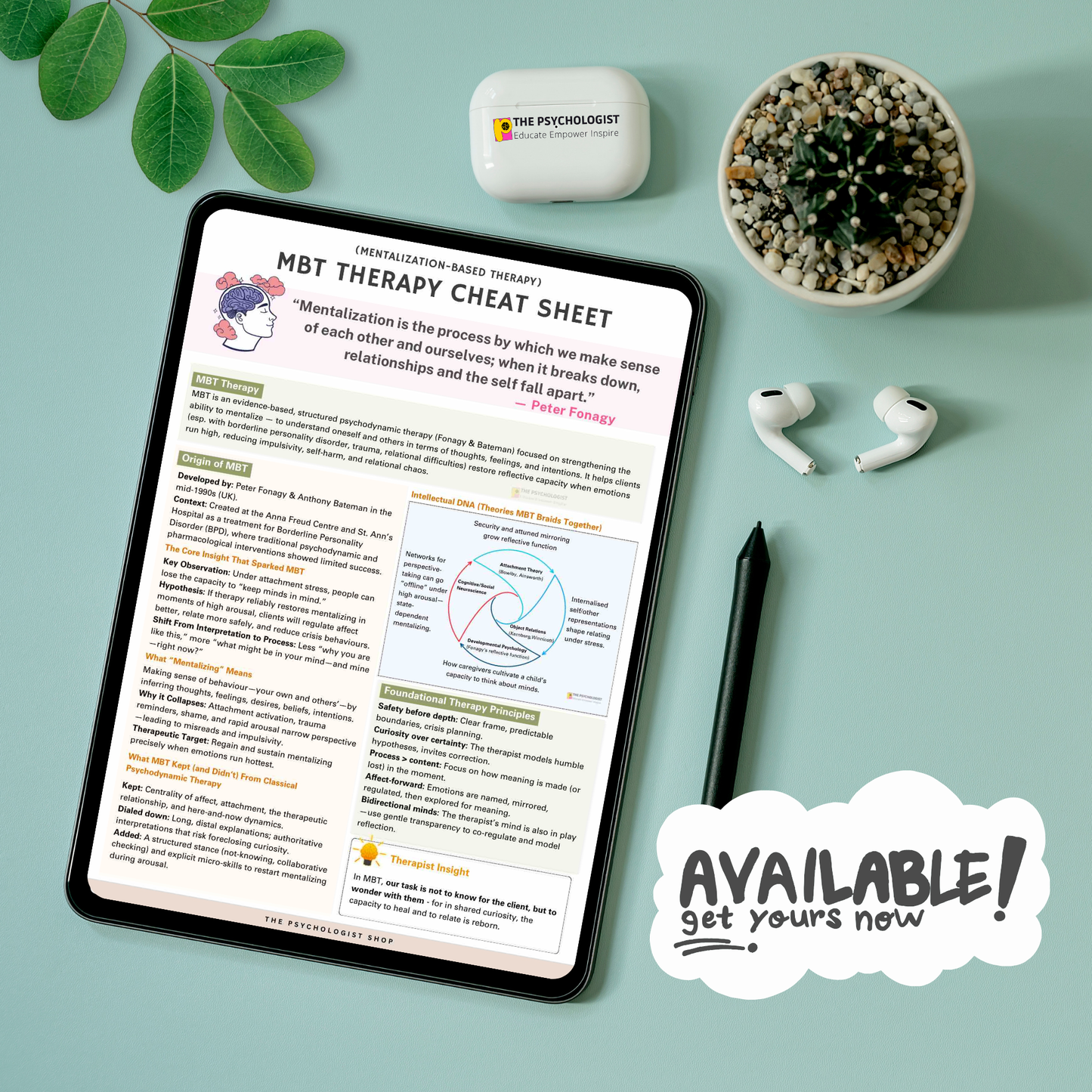 Mentalization-Based Therapy (MBT) Cheat Sheet | Therapist Quick Reference Guide for Psychotherapists, Counselors & Students