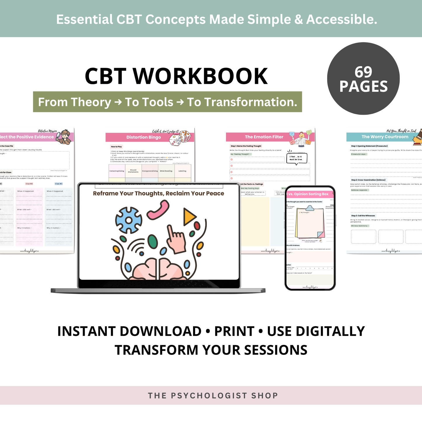 CBT WORKBOOK - REWIRE AND REFRAME : 20 Therapist-Designed Worksheets to Calm Anxiety, Challenge Distortions & Build Resilience