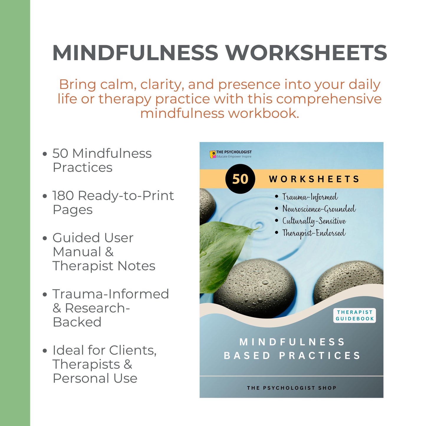 Mindfulness Worksheets Bundle | 50 Evidence-Based Practices + Therapist Guide | 180-Page Digital Workbook for Calm & Clarity