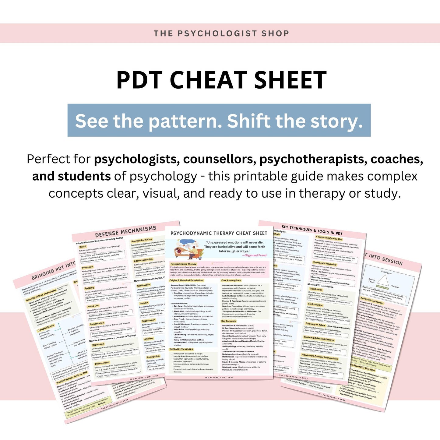 Psychodynamic Therapy Cheat Sheet | PDT Cheat Sheet | Psychodynamic Theory and Analysis Resource | Therapy Tools | ThePsychologistShop |