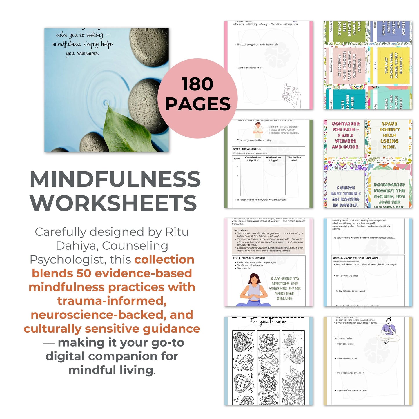Mindfulness Worksheets Bundle | 50 Evidence-Based Practices + Therapist Guide | 180-Page Digital Workbook for Calm & Clarity