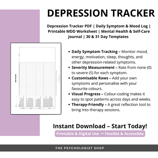Depression Tracker PDF | Daily Symptom & Mood Log | Printable MDD Worksheet | Mental Health & Self-Care Journal | 30 & 31 Day Templates