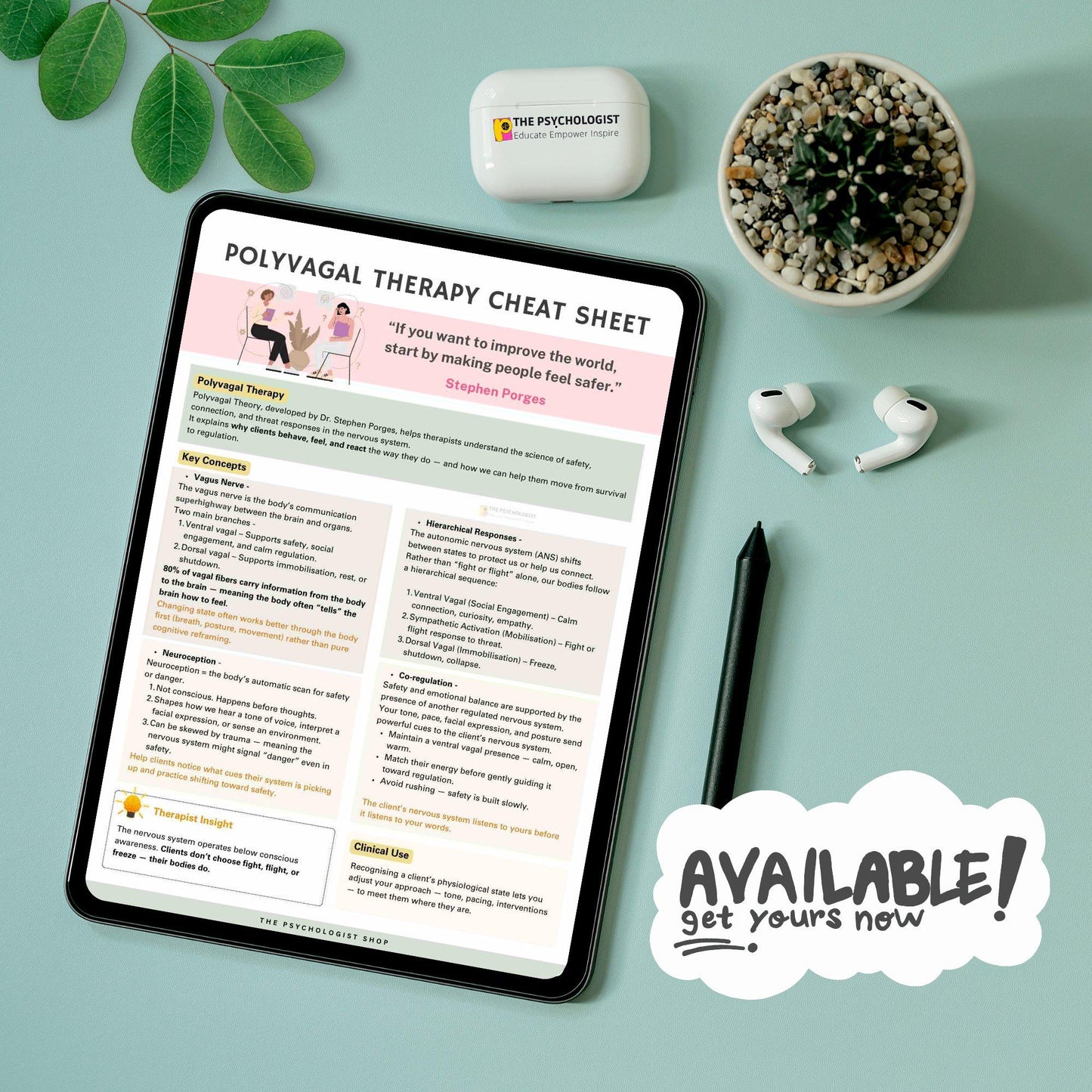 Polyvagal Theory Cheat Sheet – Nervous System Regulation & Trauma Therapy Resource