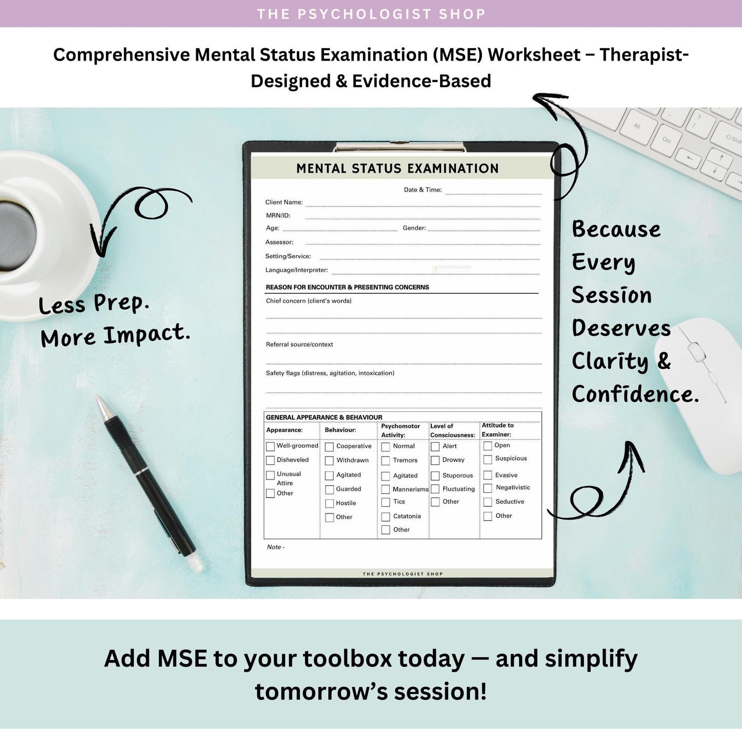 Mental Status Examination Form | DSM-5 & ICD-11 Aligned | Printable Clinical Psychology Resource for Counselors, Psychologists, Social Workers