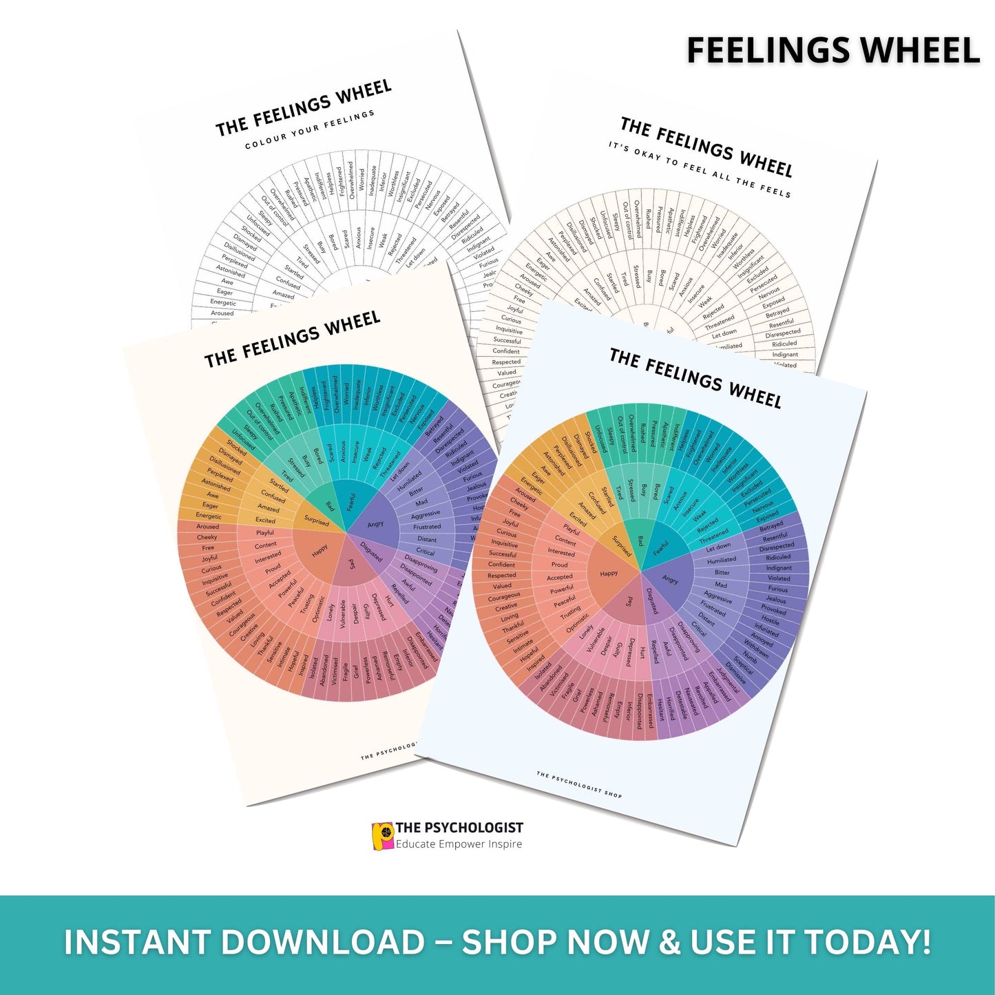 Feelings Wheel Printable | Emotions Chart | Feelings Chart | Emotions Wheel | Digital Poster | Therapist Tool