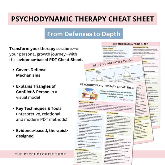 Psychodynamic Therapy Cheat Sheet | PDT Cheat Sheet | Psychodynamic Theory and Analysis Resource | Therapy Tools | ThePsychologistShop |