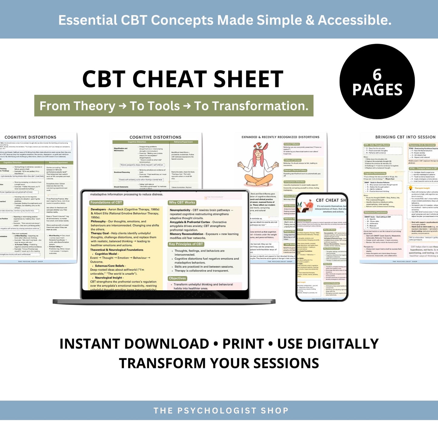 CBT Cheat Sheet | Therapy Worksheets PDF | Cbt Print Bundle | Therapist Tools | Counseling Resources | CBT Coping Skills Therapy Bundle |