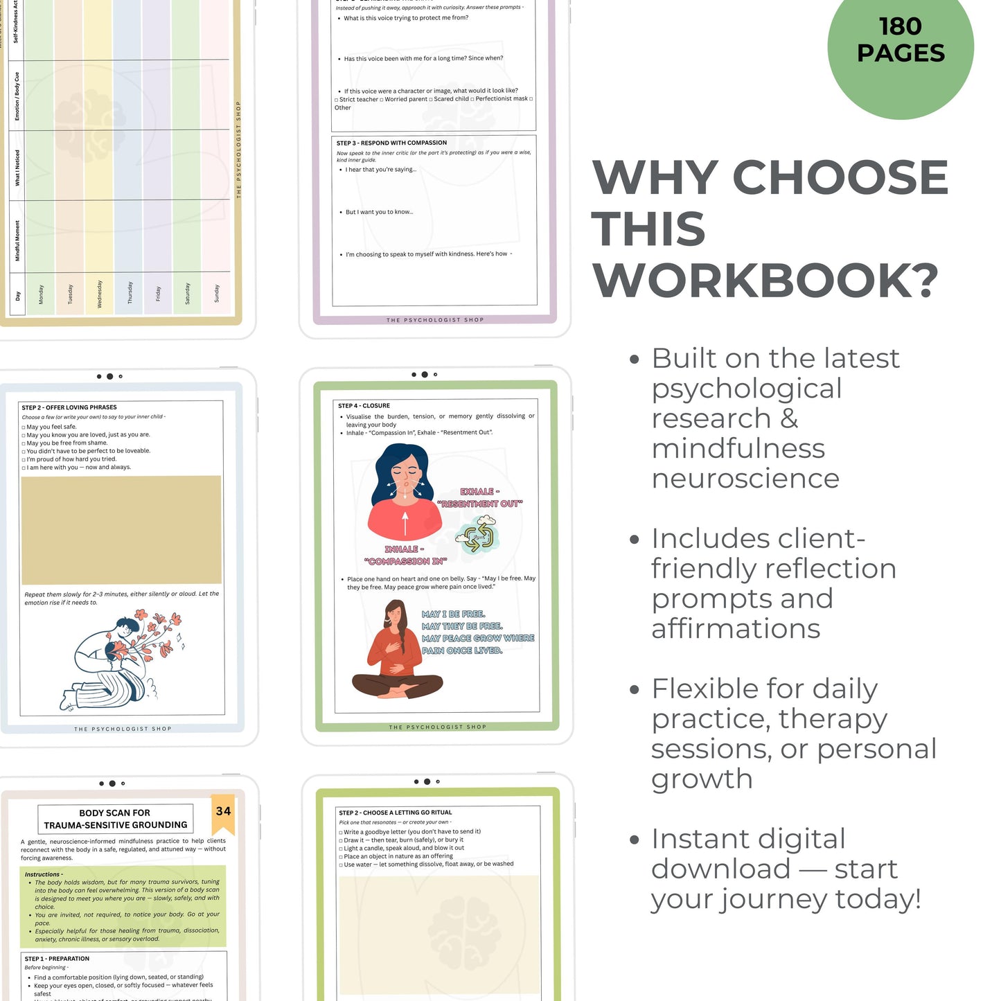 Mindfulness Worksheets Bundle | 50 Evidence-Based Practices + Therapist Guide | 180-Page Digital Workbook for Calm & Clarity