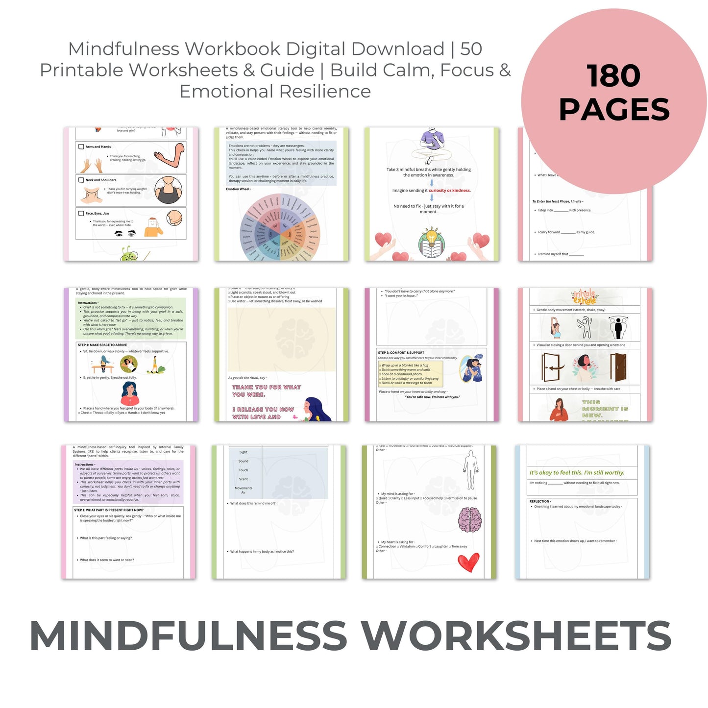 Mindfulness Worksheets Bundle | 50 Evidence-Based Practices + Therapist Guide | 180-Page Digital Workbook for Calm & Clarity