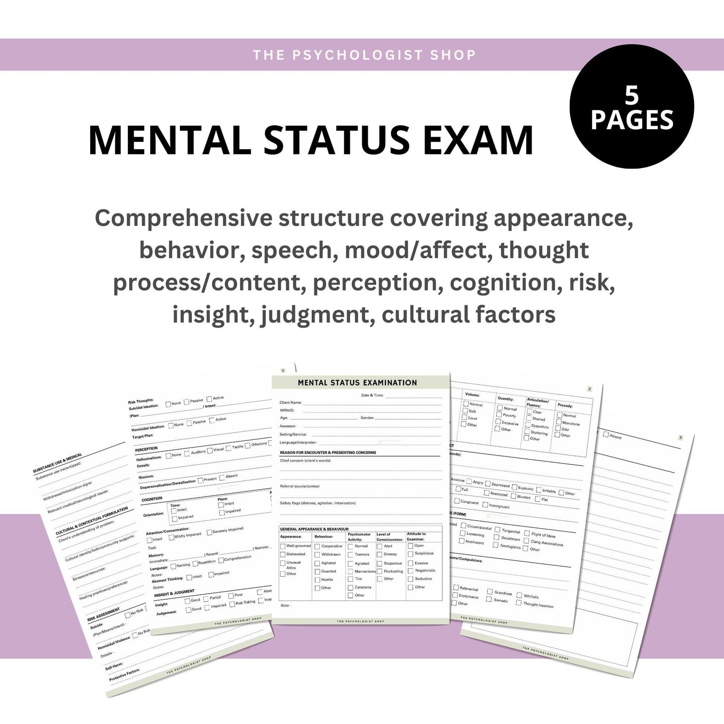 Mental Status Examination Form | DSM-5 & ICD-11 Aligned | Printable Clinical Psychology Resource for Counselors, Psychologists, Social Workers